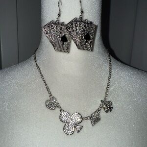 Brand new silver card themed earring and chain bundle